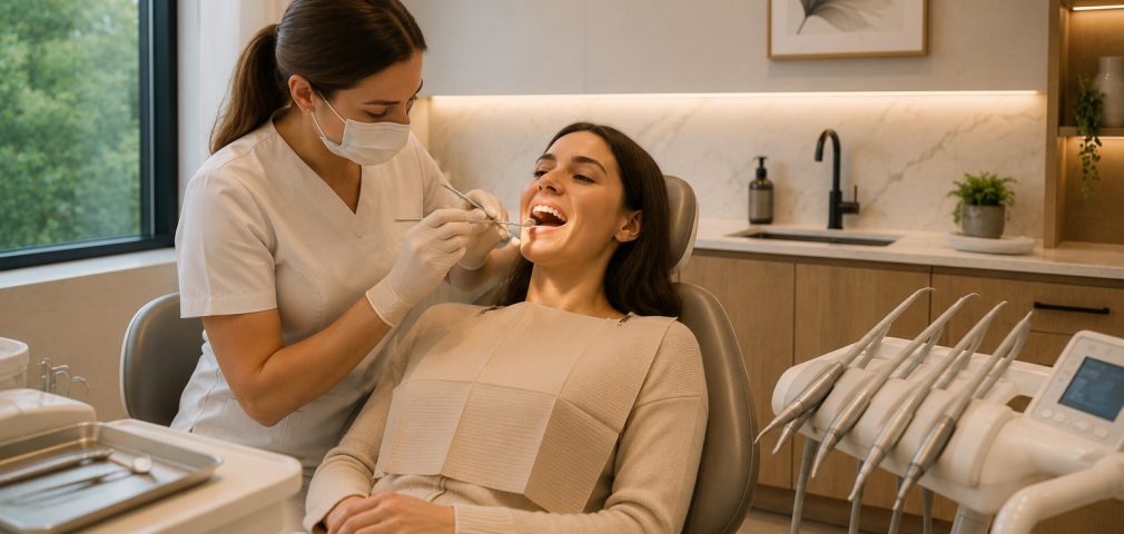 A clinician examining a patient’s teeth in the treatment chair