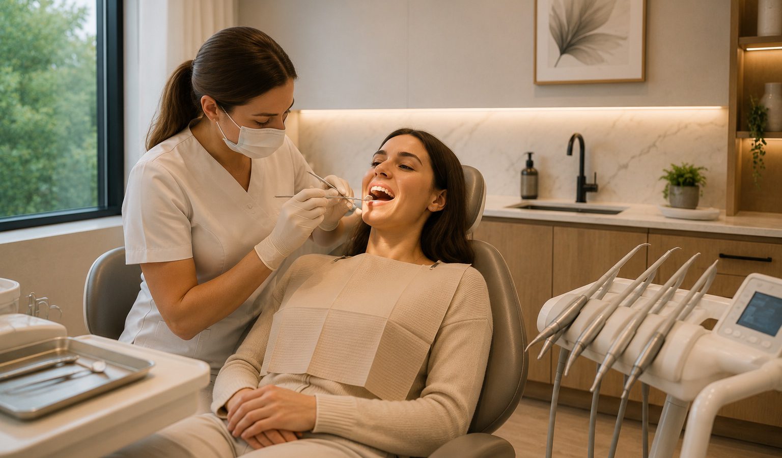A clinician examining a patient’s teeth in the treatment chair