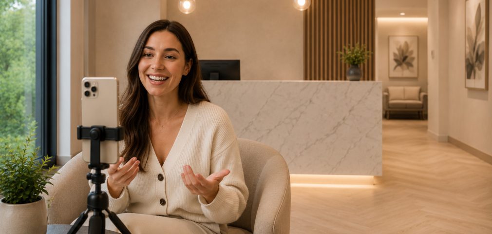 A patient talking to camera in the Just Orthodontics reception area