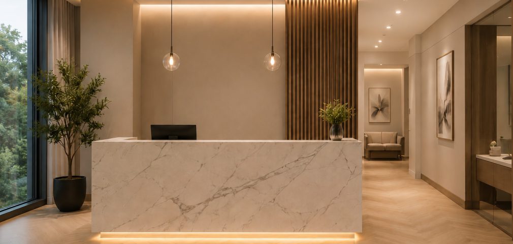 The reception desk at Just Orthodontics, with a marble counter and warm lighting
