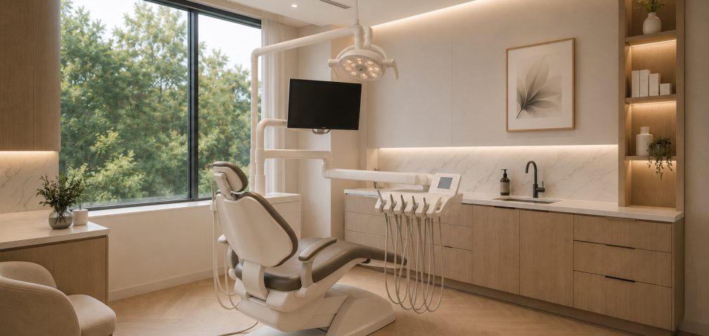 A treatment room at Just Orthodontics, with a dental chair beside a large window