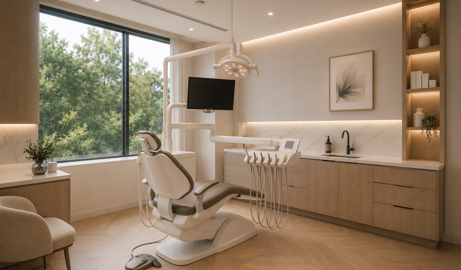 A treatment room at Just Orthodontics, with a dental chair beside a large window