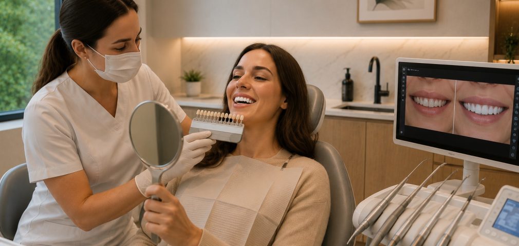 A clinician holding a shade guide beside a smiling patient, who is looking in a hand mirror