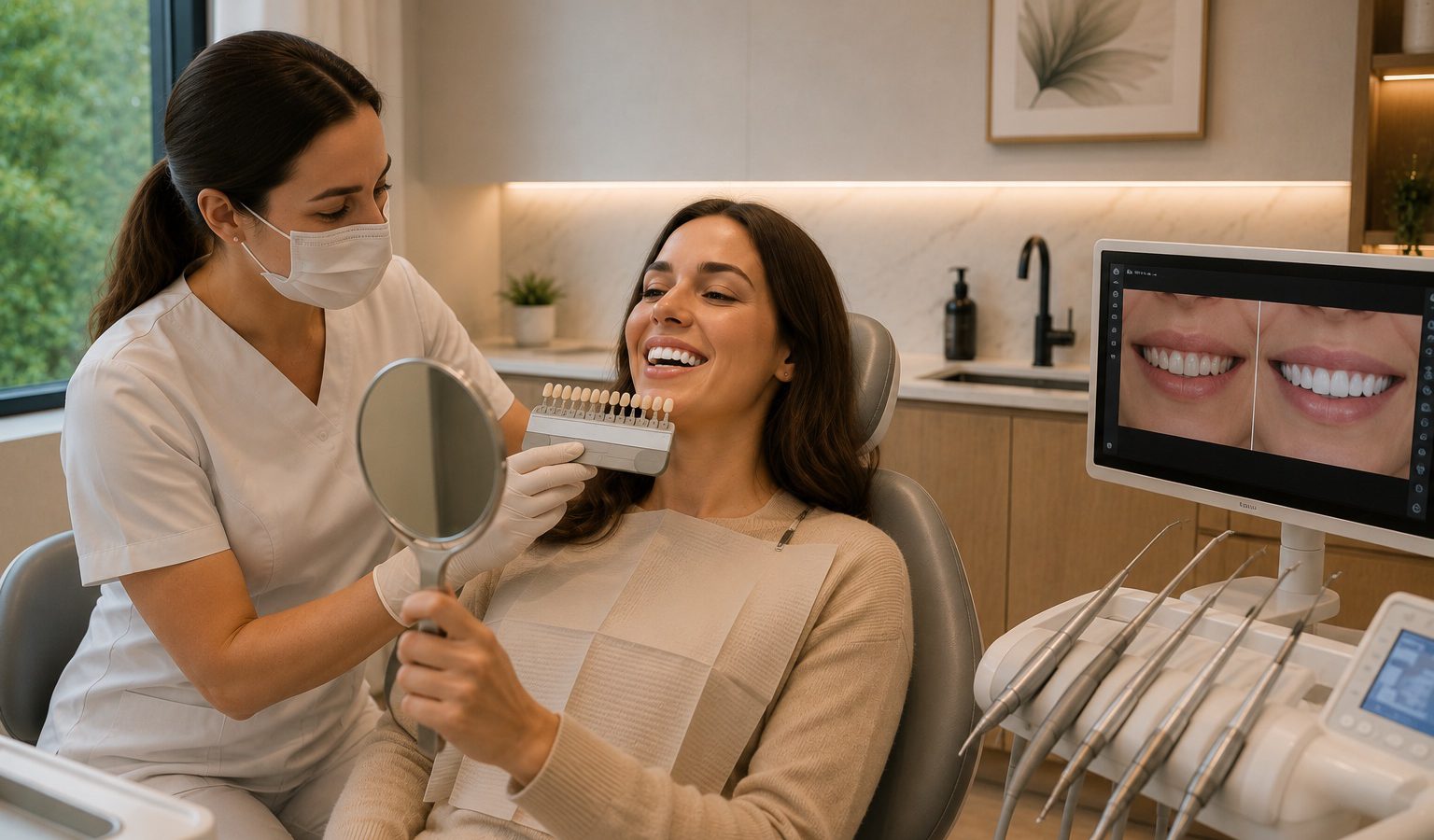 A clinician holding a shade guide beside a smiling patient, who is looking in a hand mirror